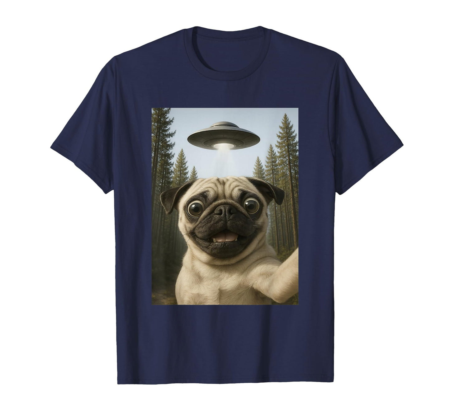 Funny Pug Selfie with UFO Alien Dog Humor for Pug Lover T-Shirt