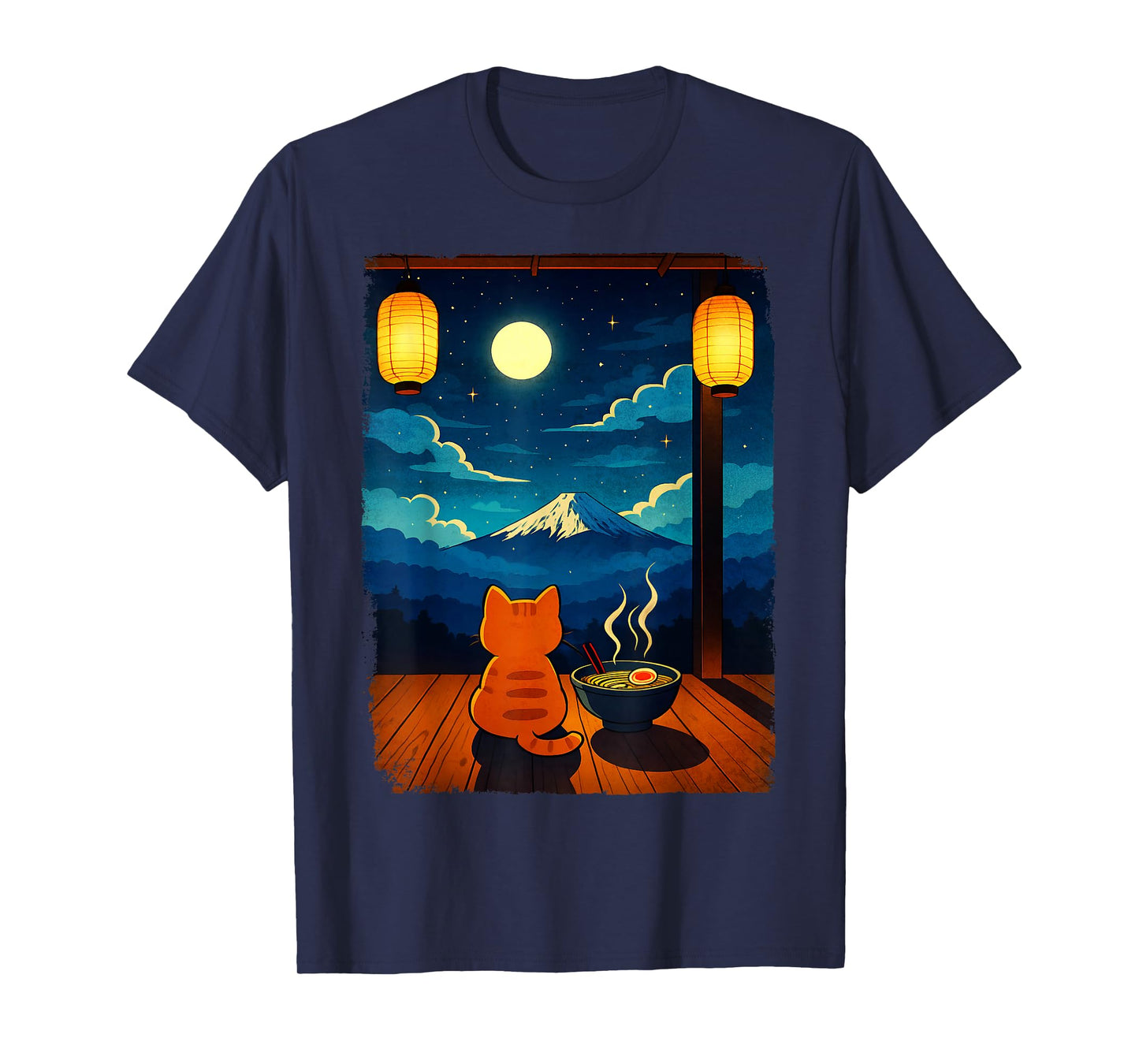Cat Ramen Kawaii Mount Fuji Zen Aesthetic Japanese Graphic T-Shirt