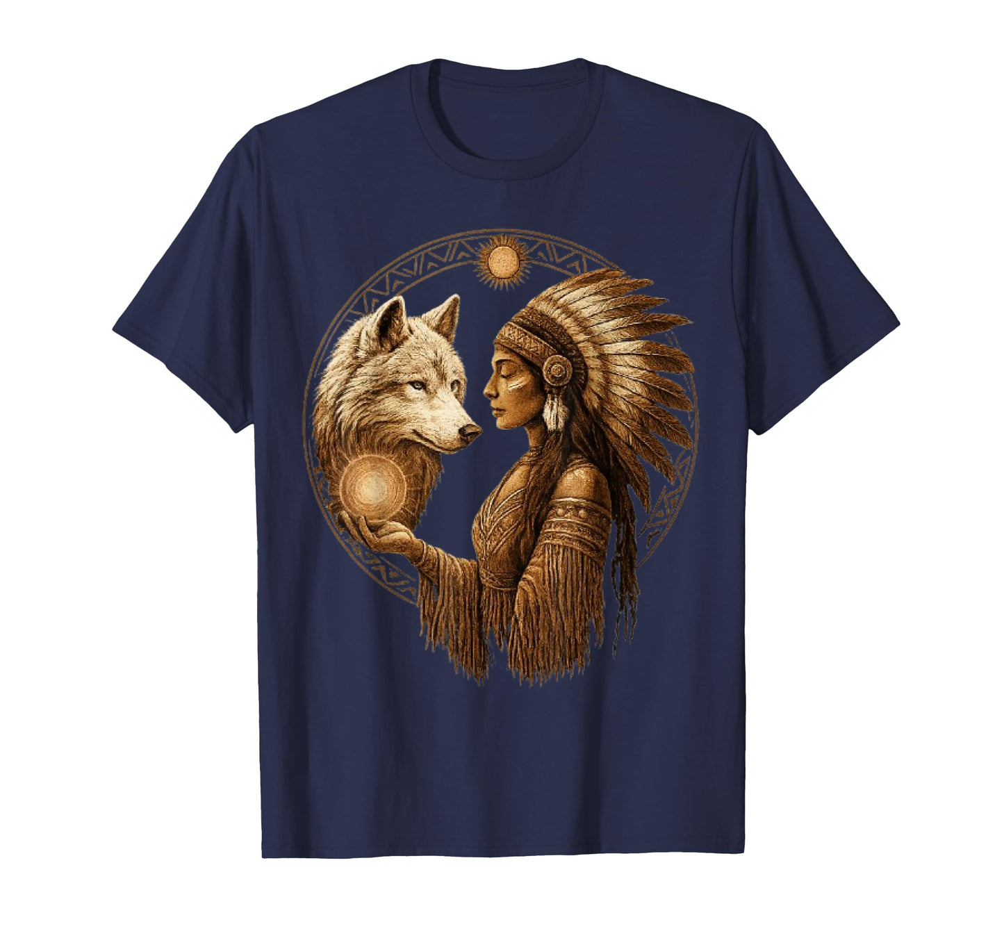 Indian Native American Woman with White Wolf Vintage Gifts T-Shirt