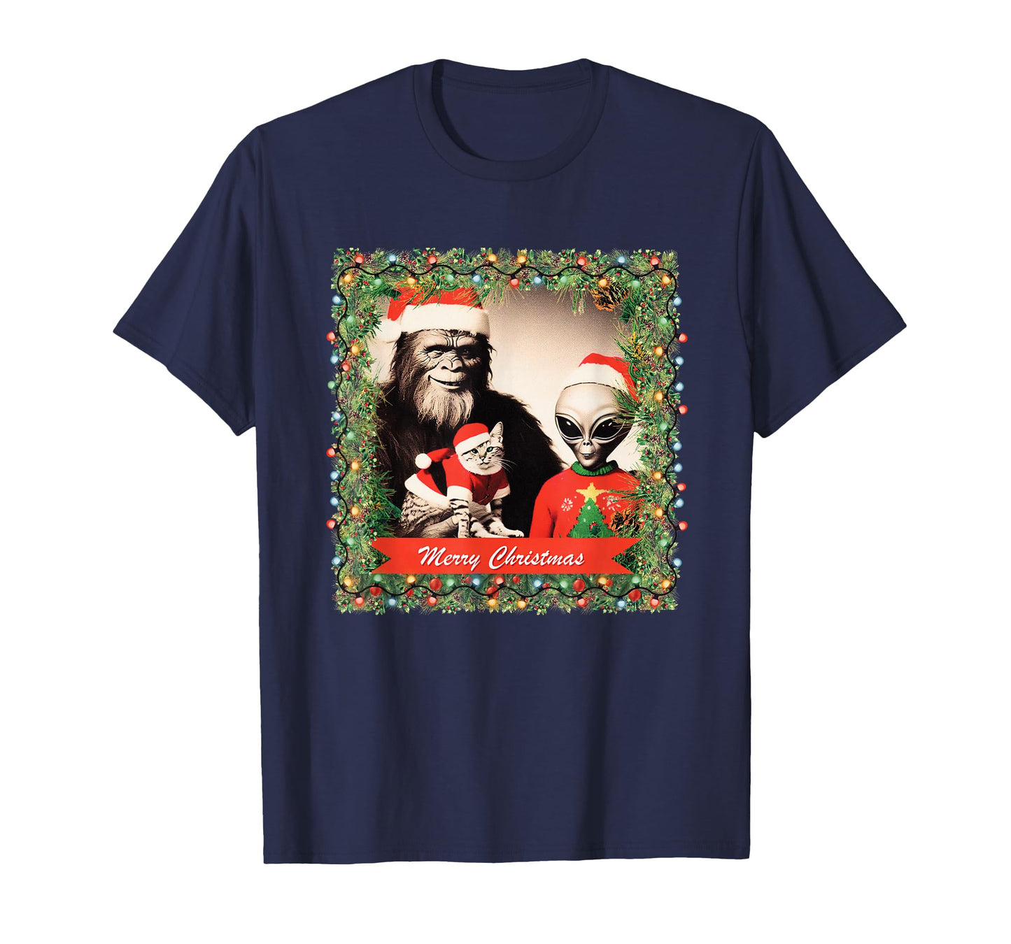 Funny Christmas Cat Bigfoot Alien Christmas Supernatural T-Shirt