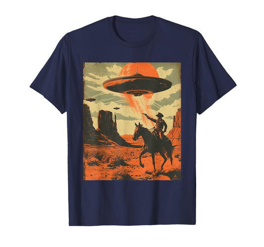 Retro Desert Cowboy Riding Horse Shooting At Space UFO Art T-Shirt
