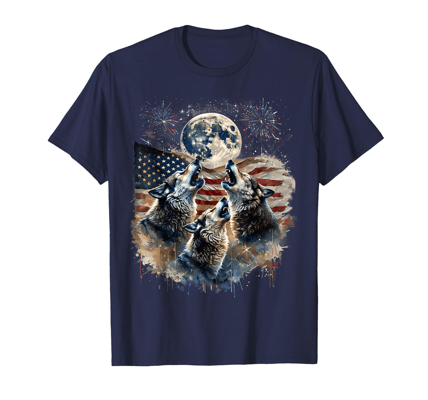 Wolf 4th Of July Howling Wolves Under Moon American Flag T-Shirt