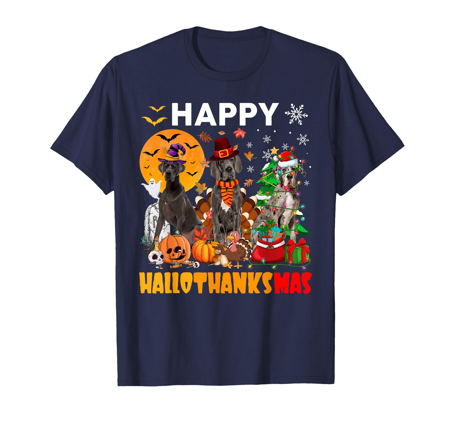 Funny Witch Turkey Santa Great Dane Dog Happy HalloThanksMas T-Shirt