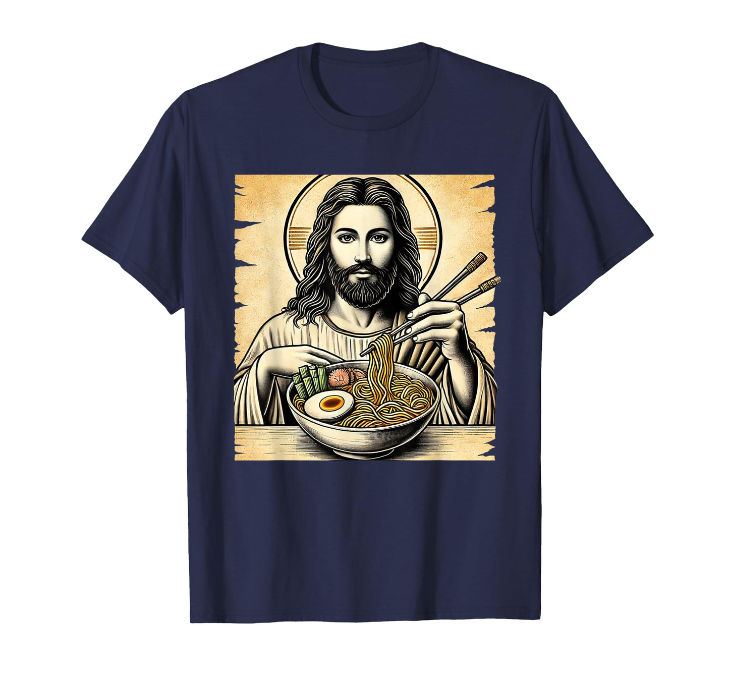 Jesus Eating Ramen Noodles Ocean Waves Japanese Art Retro T-Shirt