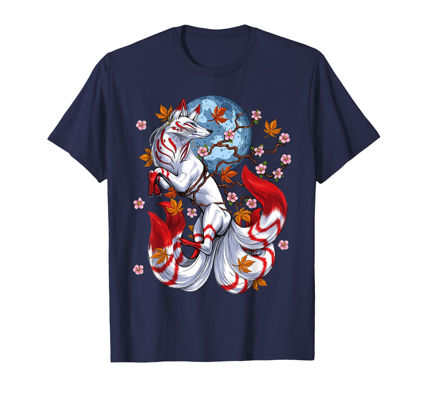 Kitsune Fox Japanese Nine Tailed Fox Cherry Blossom Flowers T-Shirt Small