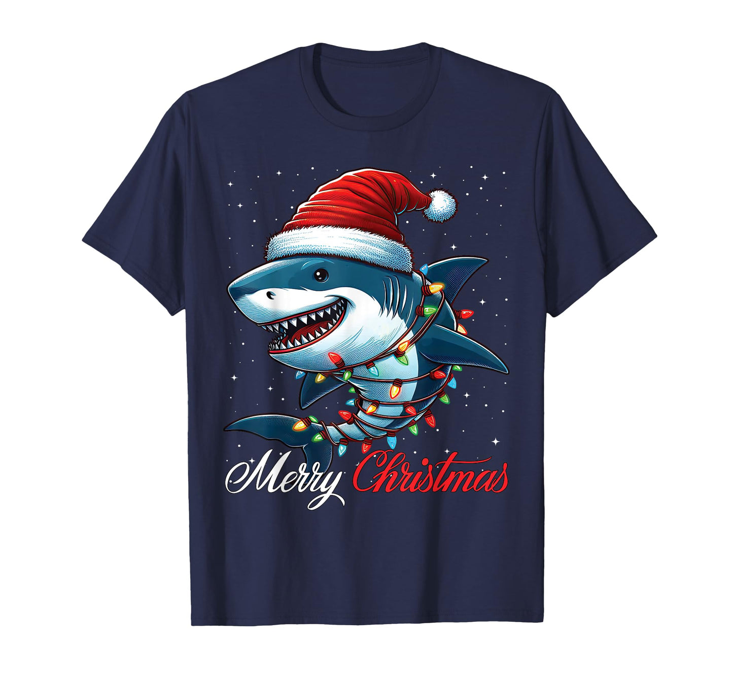 Shark Santa Hat Merry Christmas Lights Xmas Snow T-Shirt