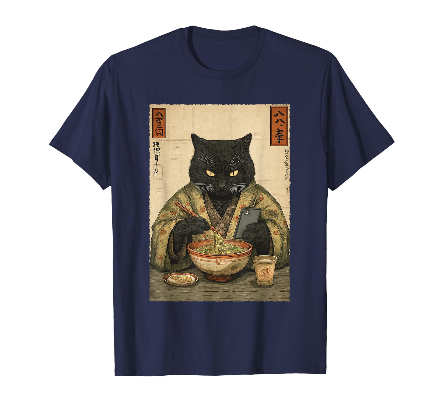 Samurai Cat Eat Ramen Scroll Phone Japanese Food Humor Art T-Shirt