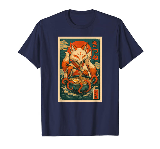 Kitsune Fox Eats Ramen Noodles Japanese Vintage T-Shirt
