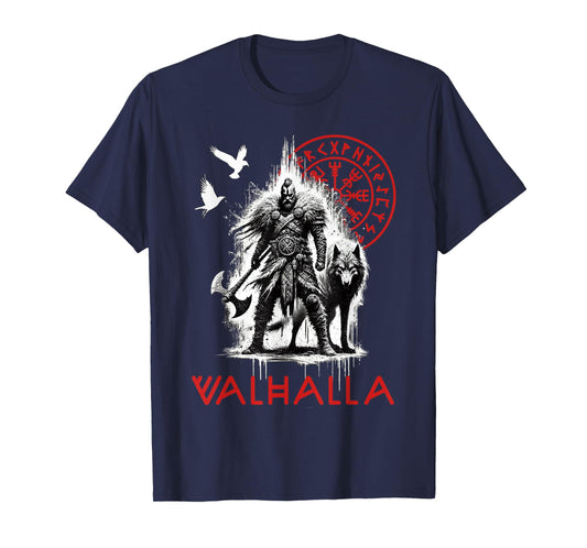 Valhalla Odin Wolf and Raven Viking Runes Norse Compass T-Shirt