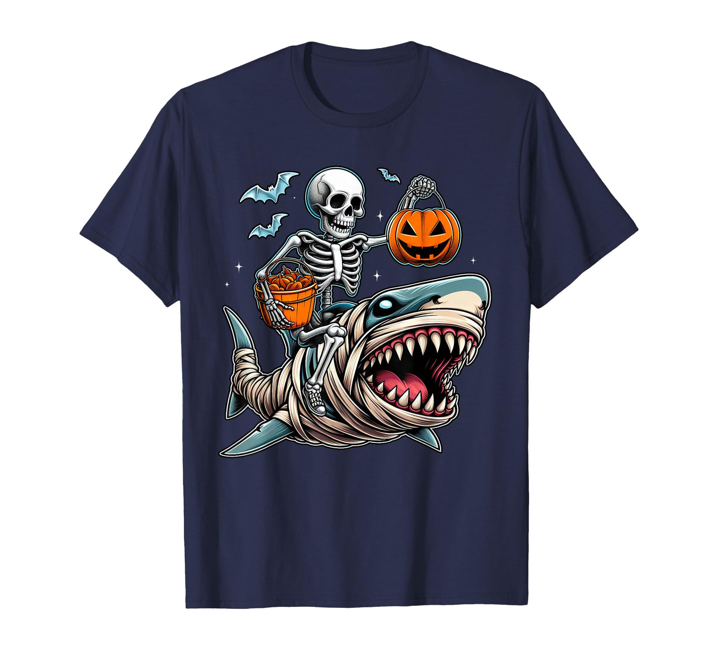 Skeleton Riding Mummy Shark Funny Halloween Pumpkin Kids T-Shirt