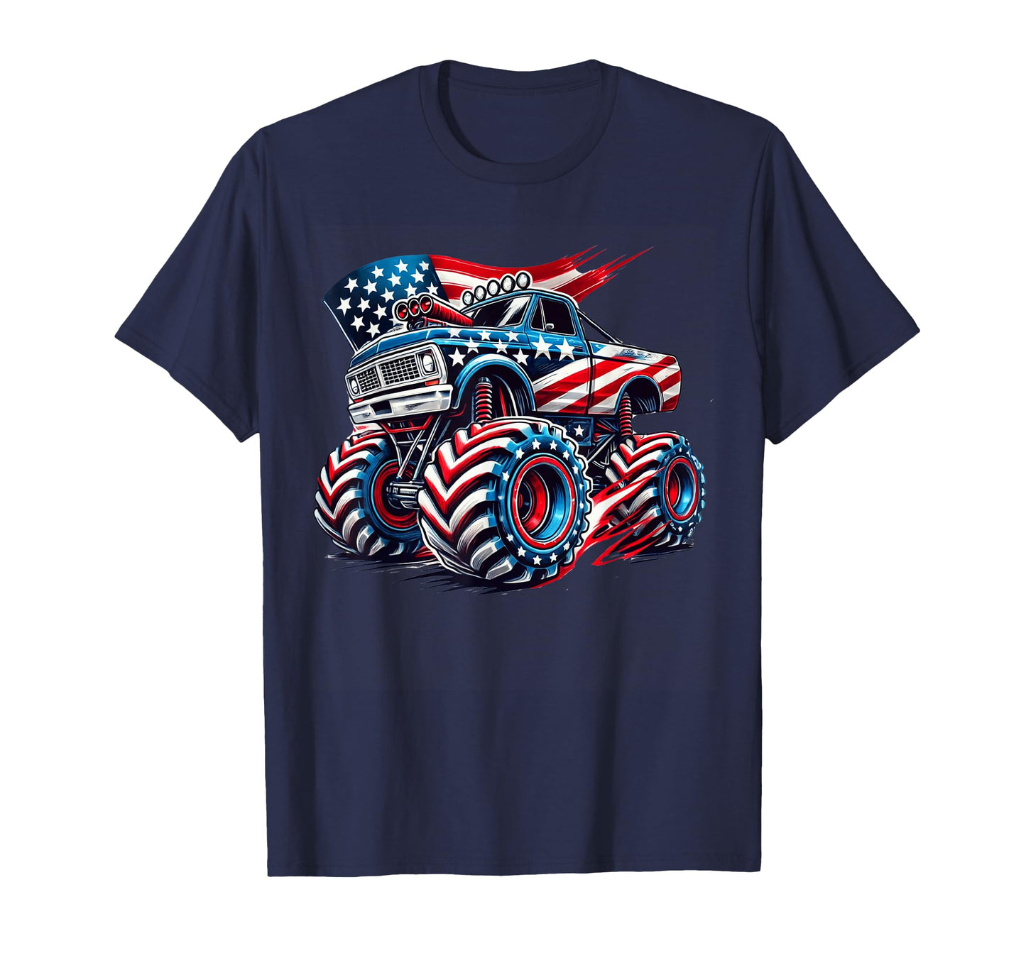 4th of July Monster Truck American Flag USA Boys Kids Tee T-Shirt