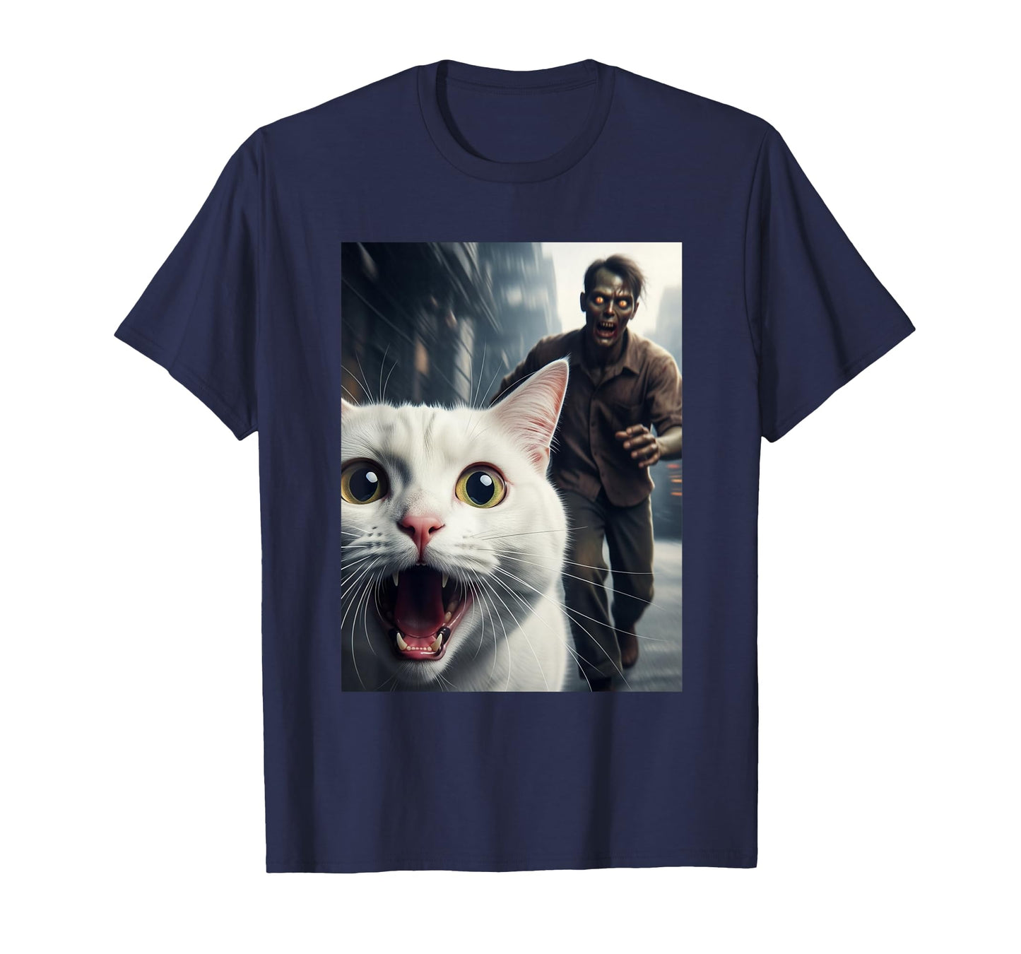White Cat Selfie with Zombie Funny Pet Owner Graphic T-Shirt