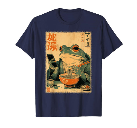 Funny Grumpy Frog Eat Ramen and Scroll Phone Japanese Art T-Shirt