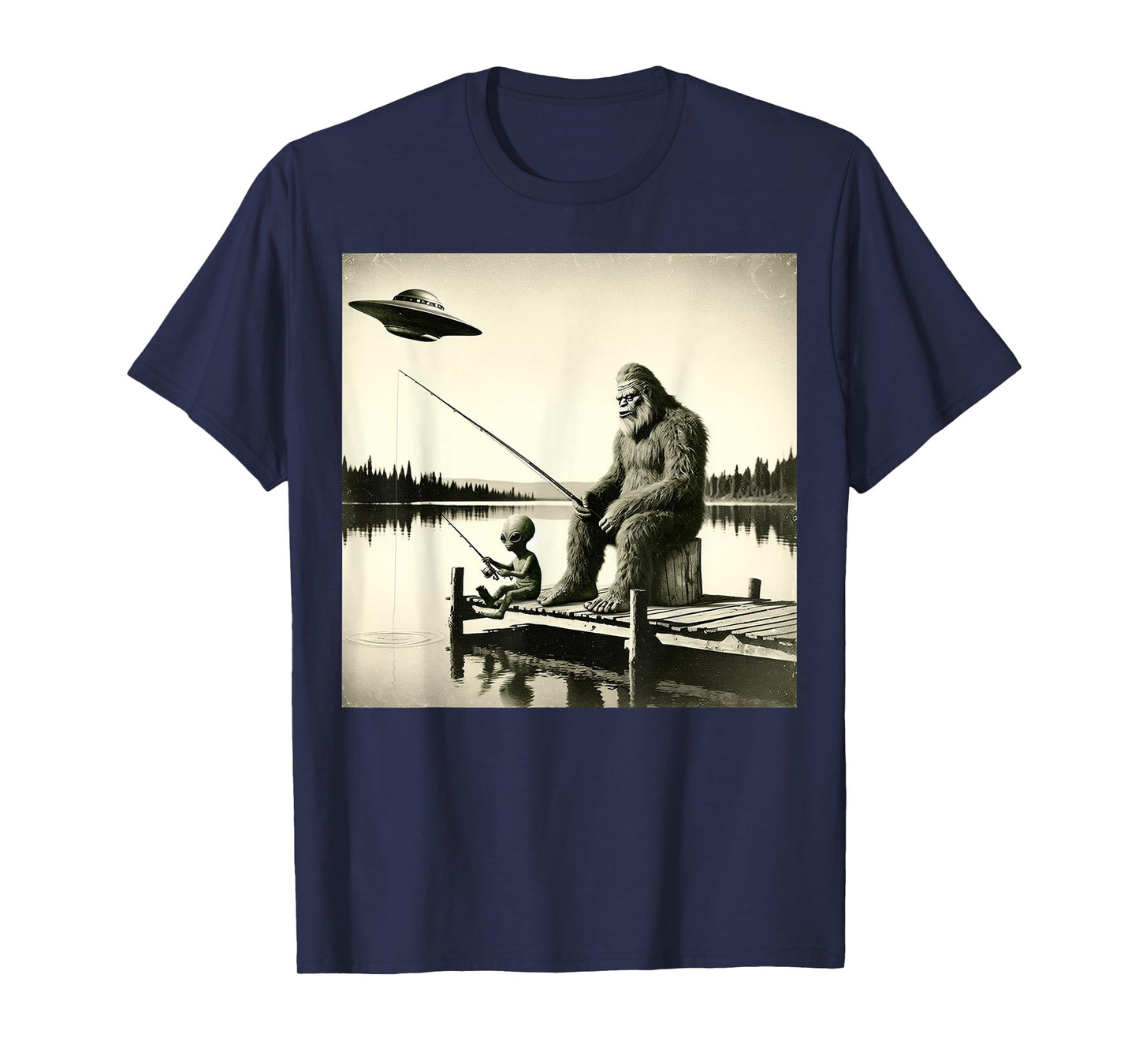 Funny Bigfoot And Alien Fishing. Bigfoot And Alien UFO T-Shirt