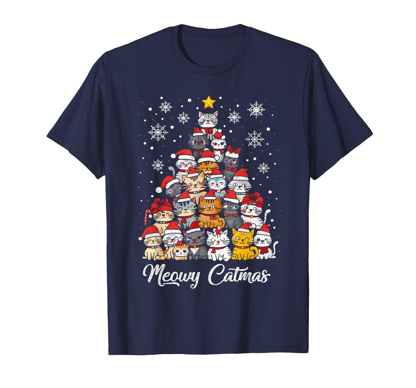 Meowy Catmas Cat Christmas Tree Xmas Girls Boys Funny Santa T-Shirt