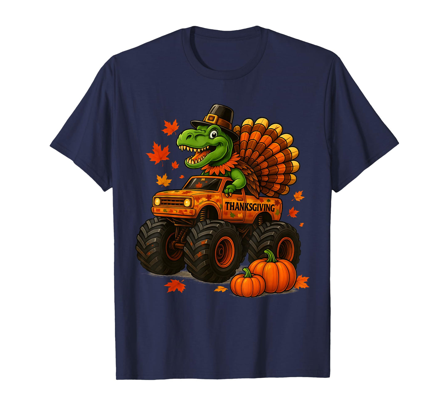 Monster Truck Trex Dinosaur Turkey Fall Thanksgiving Boy Kid T-Shirt