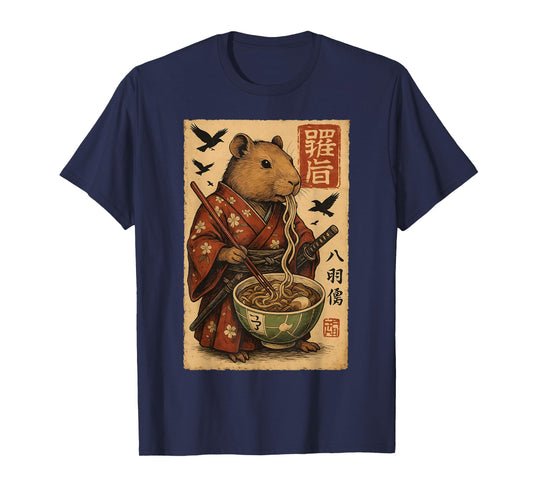 Capybara Samurai Eating Ramen Noodles Funny Japanese Warrior T-Shirt