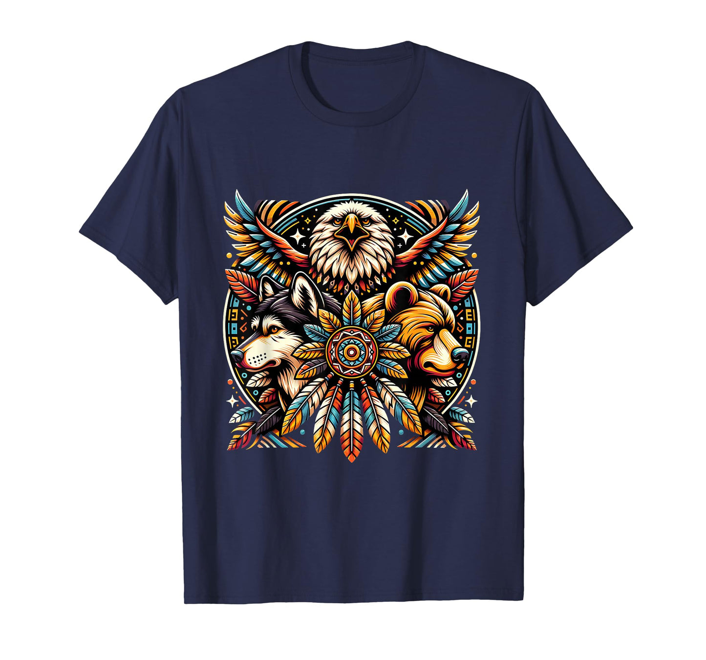 Native American Tribal Animals Bear Wolf Eagle Bohemian T-Shirt