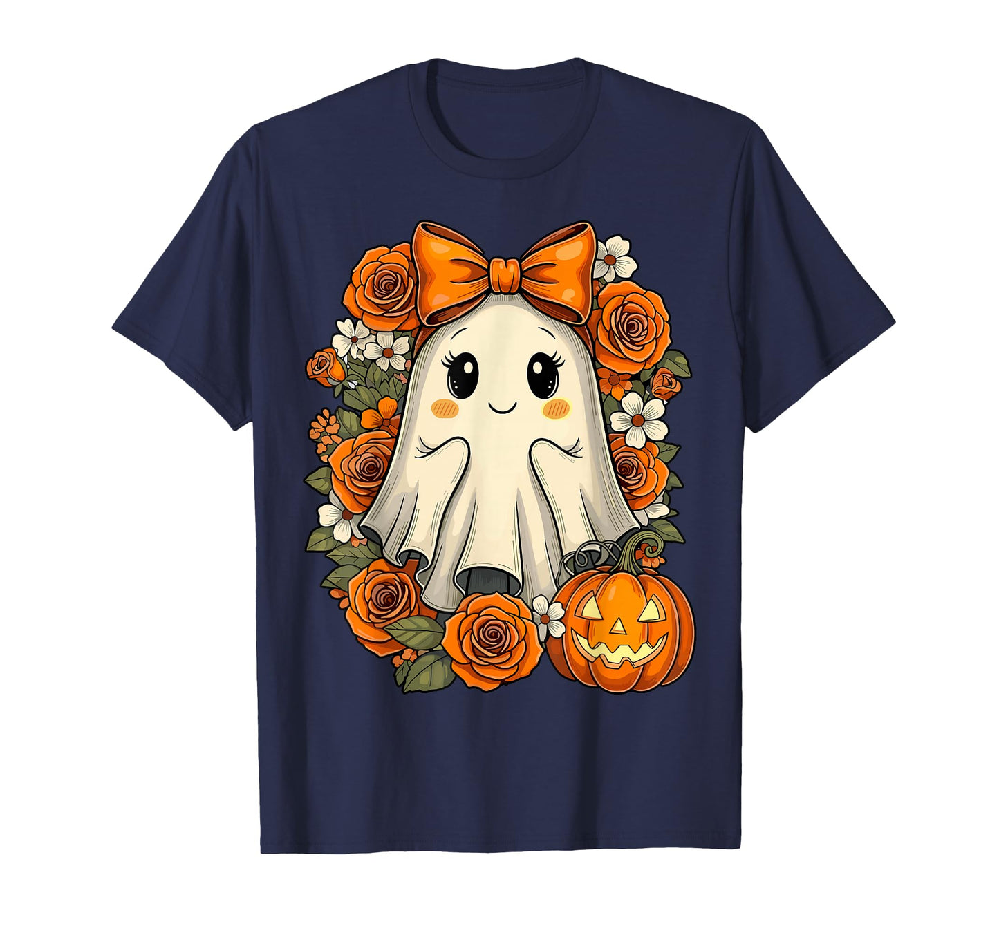 Kawaii Ghost Pumpkin Floral Halloween T-Shirt