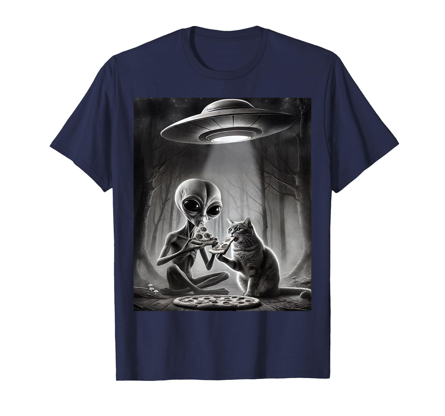 Funny Alien Cat Eating Pizza With UFO Spaceship Cryptid Meme T-Shirt