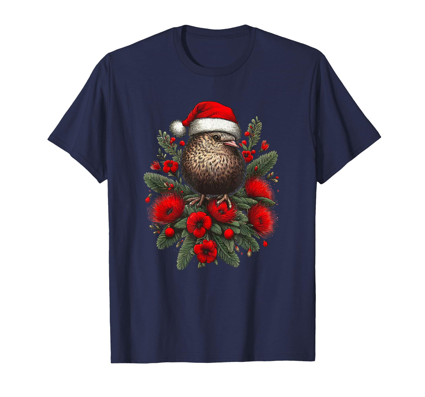 Christmas New Zealand Kiwi Bird Santa Hat Pohutukawa Tree T-Shirt