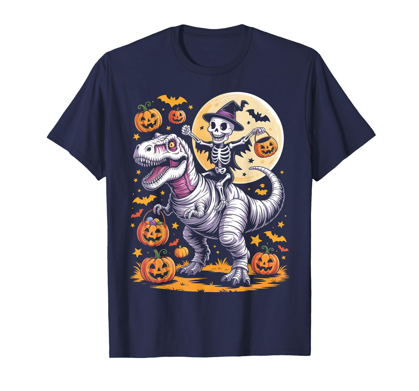 Skeleton Riding Mummy Dinosaur T Rex Kids Boys Men Halloween T-Shirt