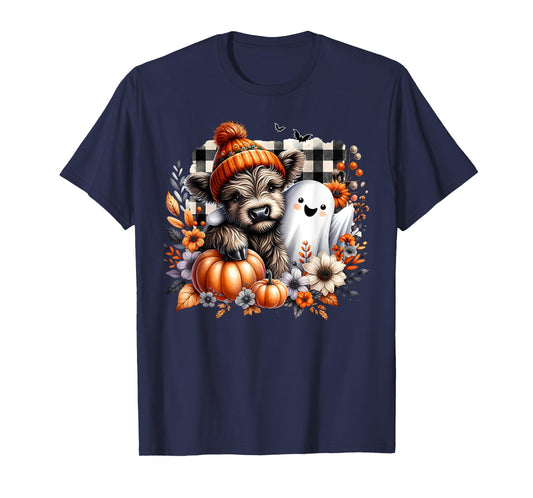 Highland Cow Ghost Spooky Season Autumn Halloween Pumpkin T-Shirt