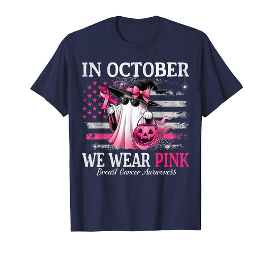 in October We Wear Pink Ghost Witch Breast Cancer Awareness T-Shirt
