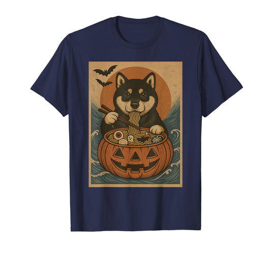 Funny Spooky Shiba Inu Pumpkin Japanese Ramen Noodles T-Shirt