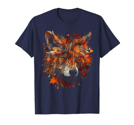 Wolf Autumn Leaves - Animal Art Motif Wolf T-Shirt
