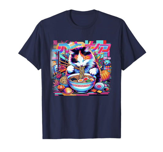 Vaporwave Japanese Glitch Art Cat Eating Ramen T-Shirt