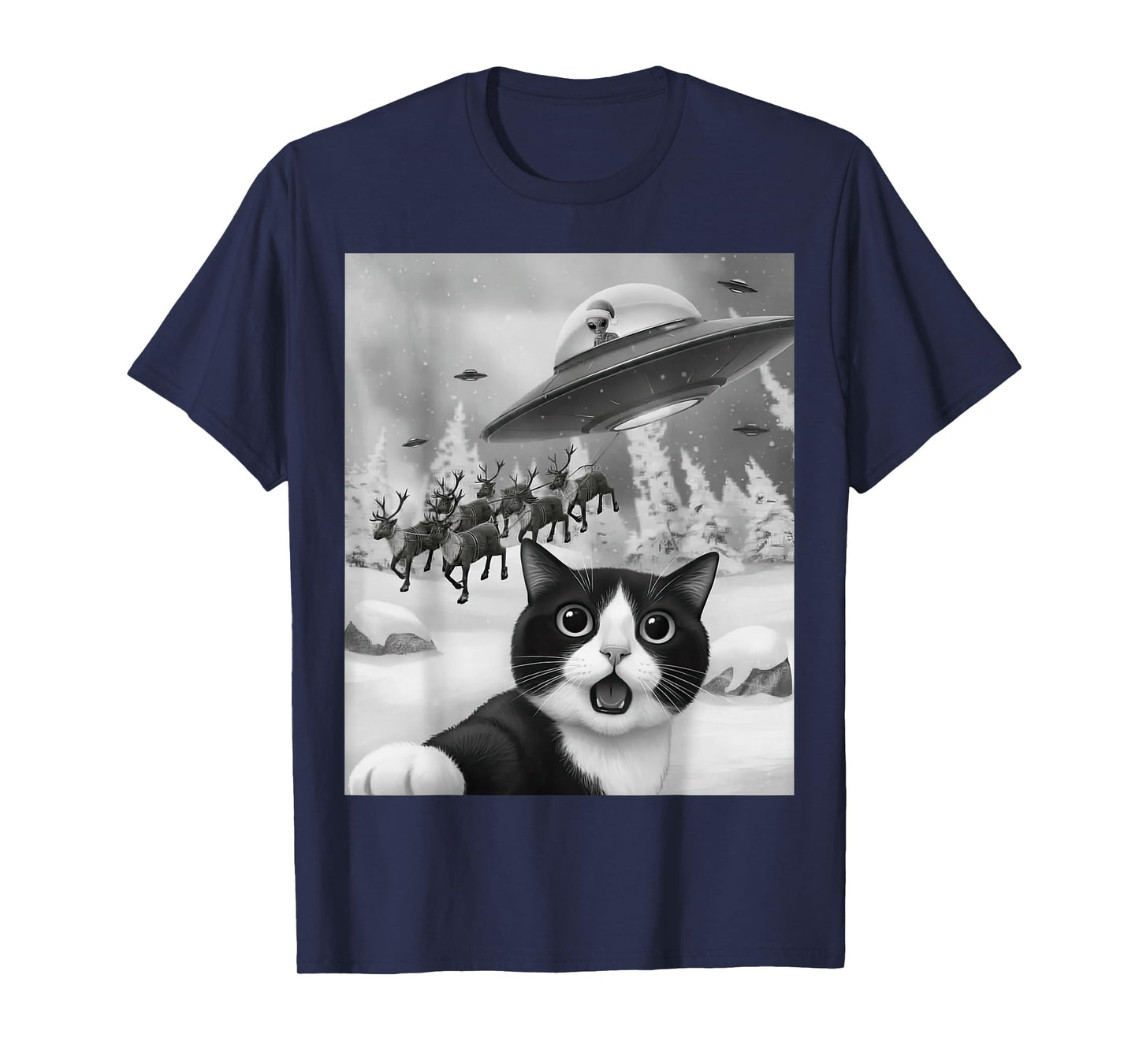 Tuxedo Cat UFO Alien Reindeer Christmas Air Selfie T-Shirt