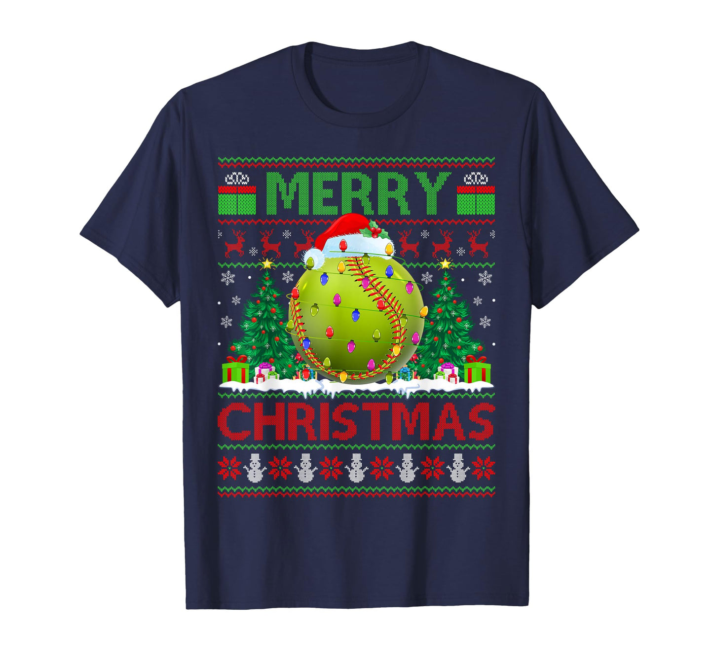 Softball Ugly Christmas Sweater Sports Player Lights Xmas T-Shirt