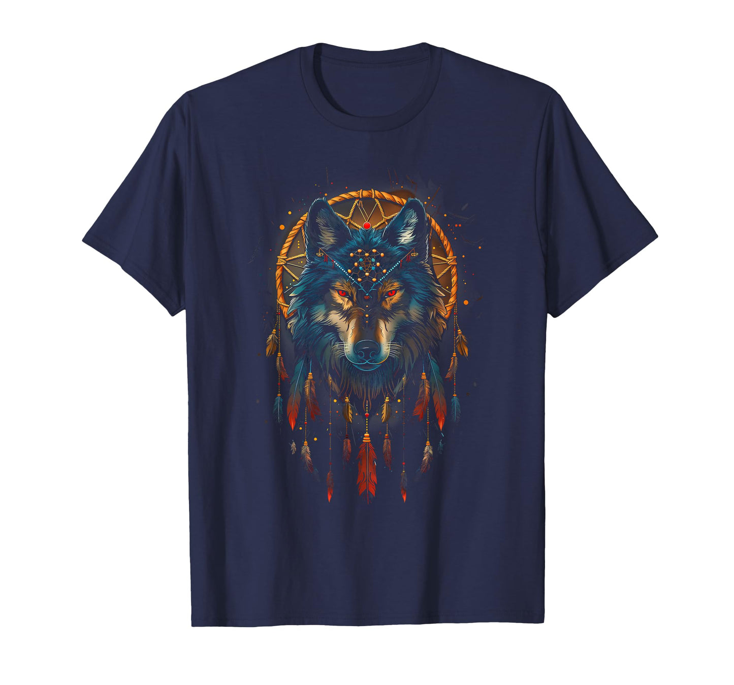 Colorful Mantra Spirit Animal Dreamcatcher Shop Wolf Dreamcatcher Native American Indian Feathers Arts Unisex-Adults T-Shirt Black Small Modern Tribal Boho Motif Round Collar Short Sleeve T-Shirt