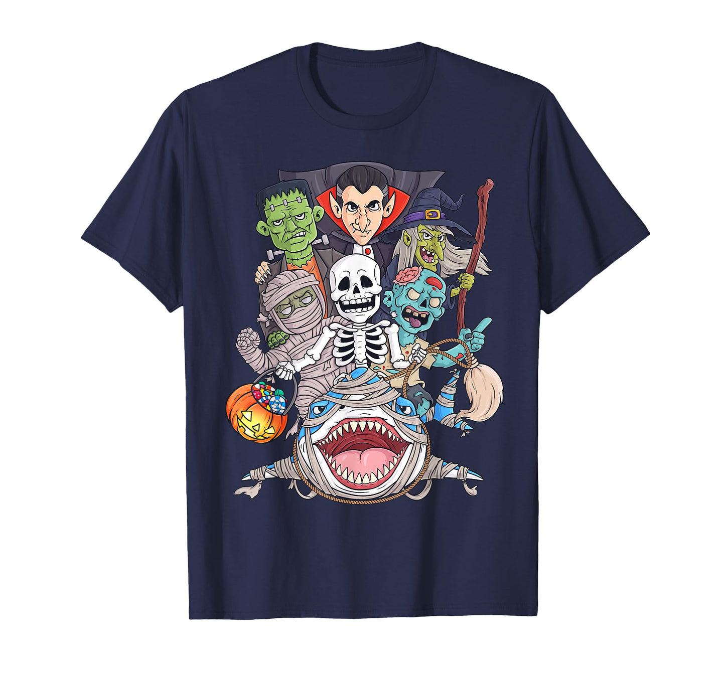 Skeleton Zombie Riding Mummy Shark Funny Halloween Pumpkin T-Shirt