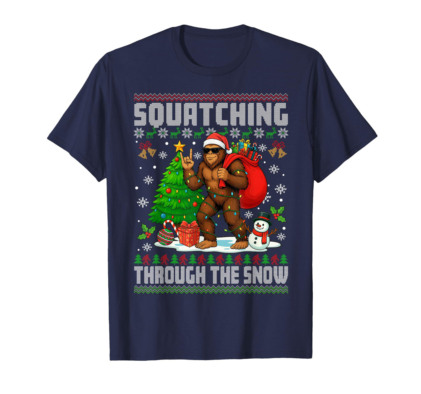 Squatching Through The Snow Bigfoot Lovers Ugly Christmas T-Shirt