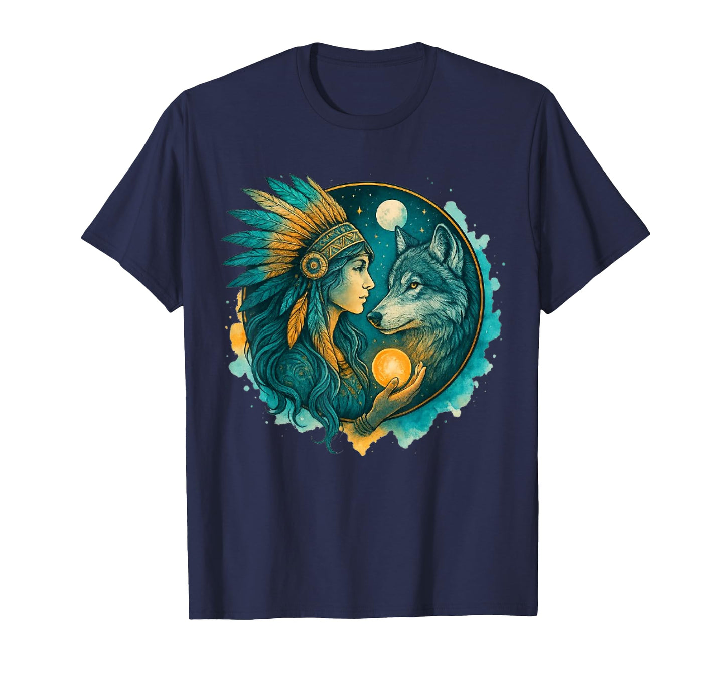 Indian Native American Woman with White Wolf Vitage T-Shirt