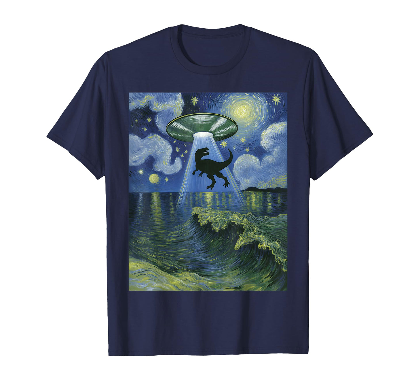 Starry Night Alien UFO Abduction Dinosaurs Van Gogh Art T-Shirt