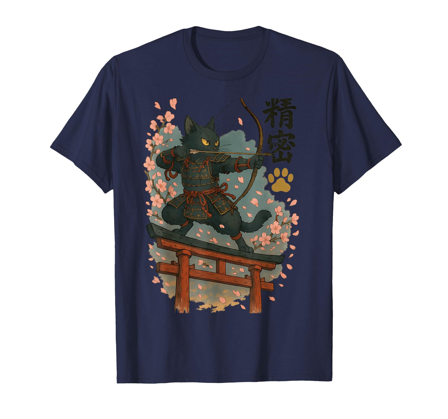 Samurai Cat Archer at Dusk Fierce Black Neko, Crimson Men Women T-Shirt