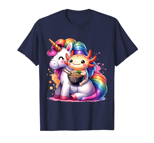 Cute Anime Kawaii Axolotl Riding A Unicorn And Eating Ramen T-Shirt