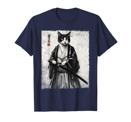 Samurai Cat Ukiyo-e Warrior Art Vintage Ninja Cat Graphic T-Shirt