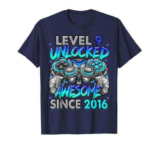 Level 9 Unlocked Awesome Since 2016 9th Birthday Gaming T-Shirt