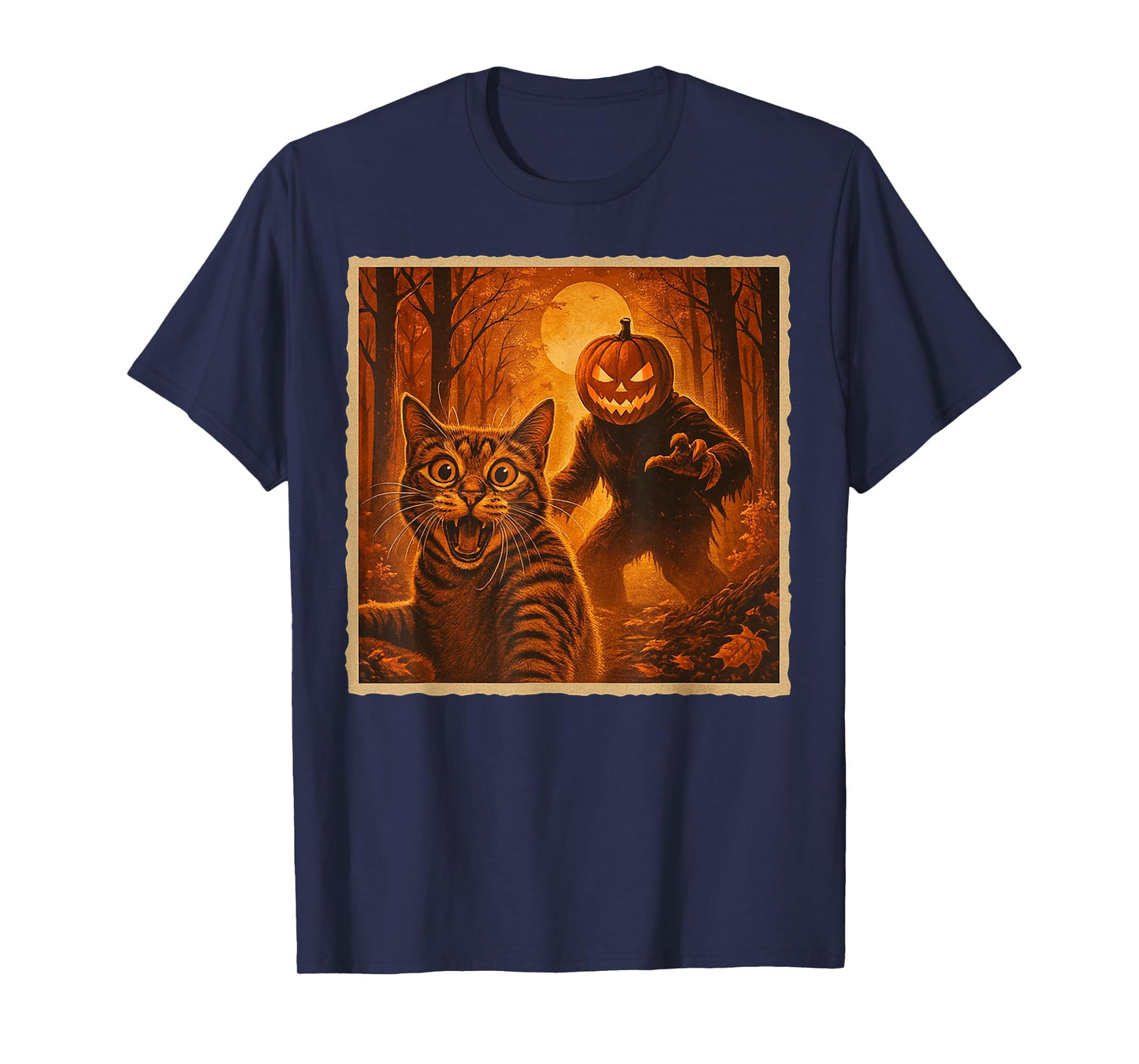 Scared Cat Selfie Orange Pumpkin Monster Halloween T-Shirt
