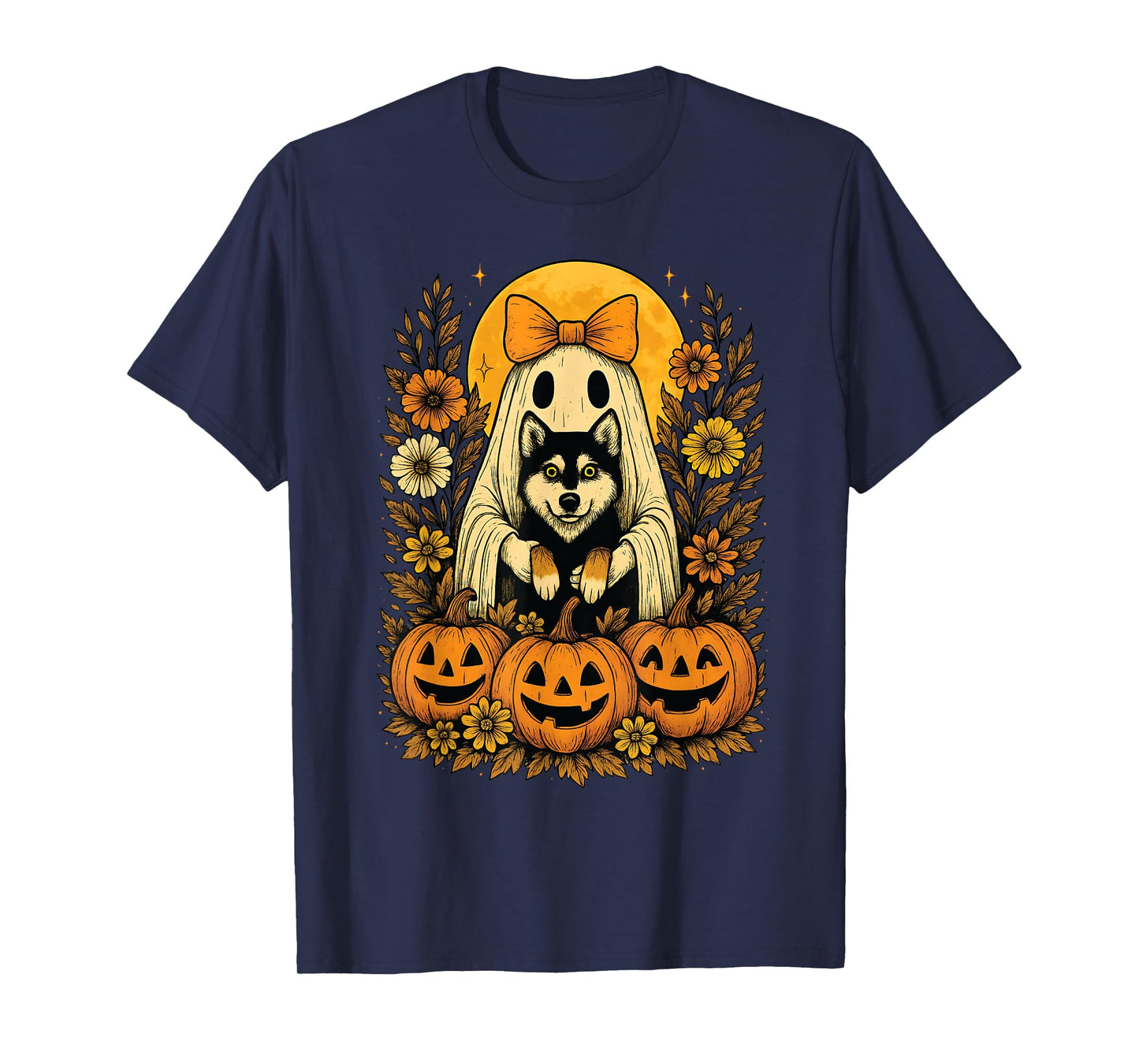 Vintage Halloween Ghost Holding Siberian Husky Dog T-Shirt
