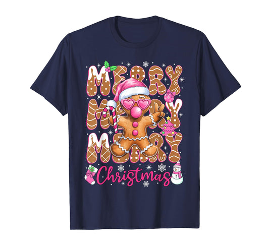 Gingerbread Merry Christmas Cute Pink Christmas Women Girls T-Shirt