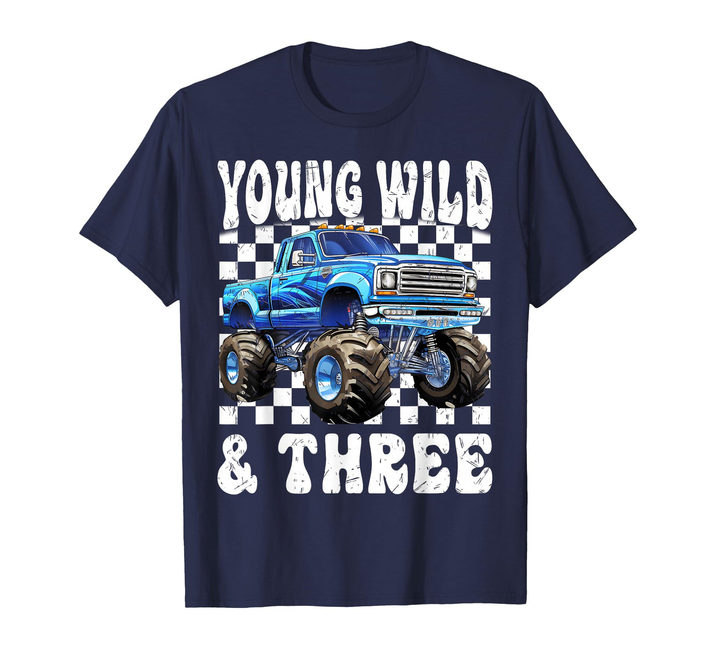 3 Years Old Kids Young Wild & Three Monster Truck Birthday T-Shirt