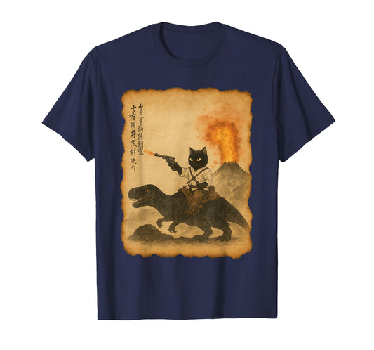 black cat samurai riding dinosaur volcanic eruption art T-Shirt