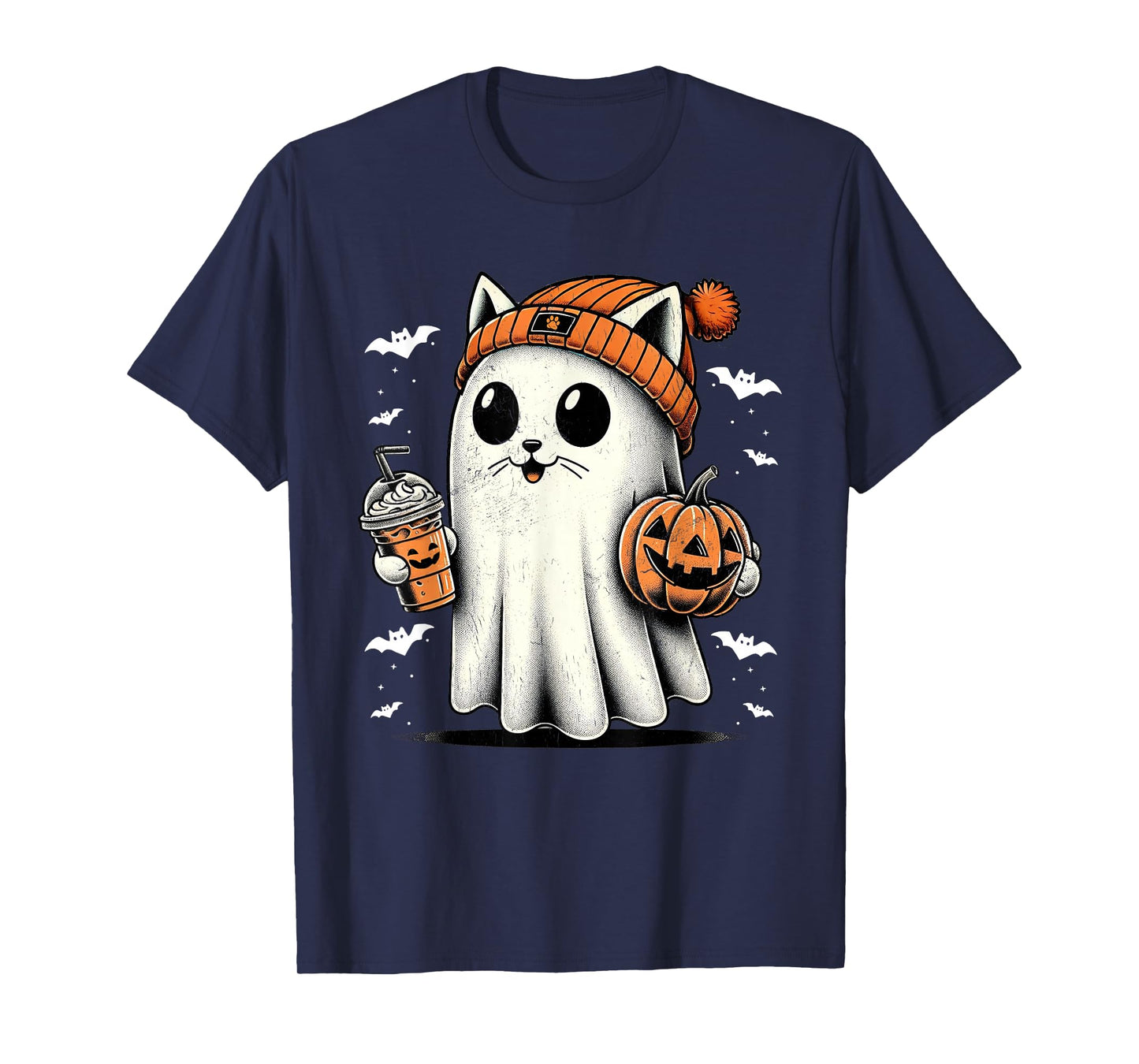 Cute Cat Ghost Iced Coffee Funny Ghost Halloween Ice Coffee T-Shirt