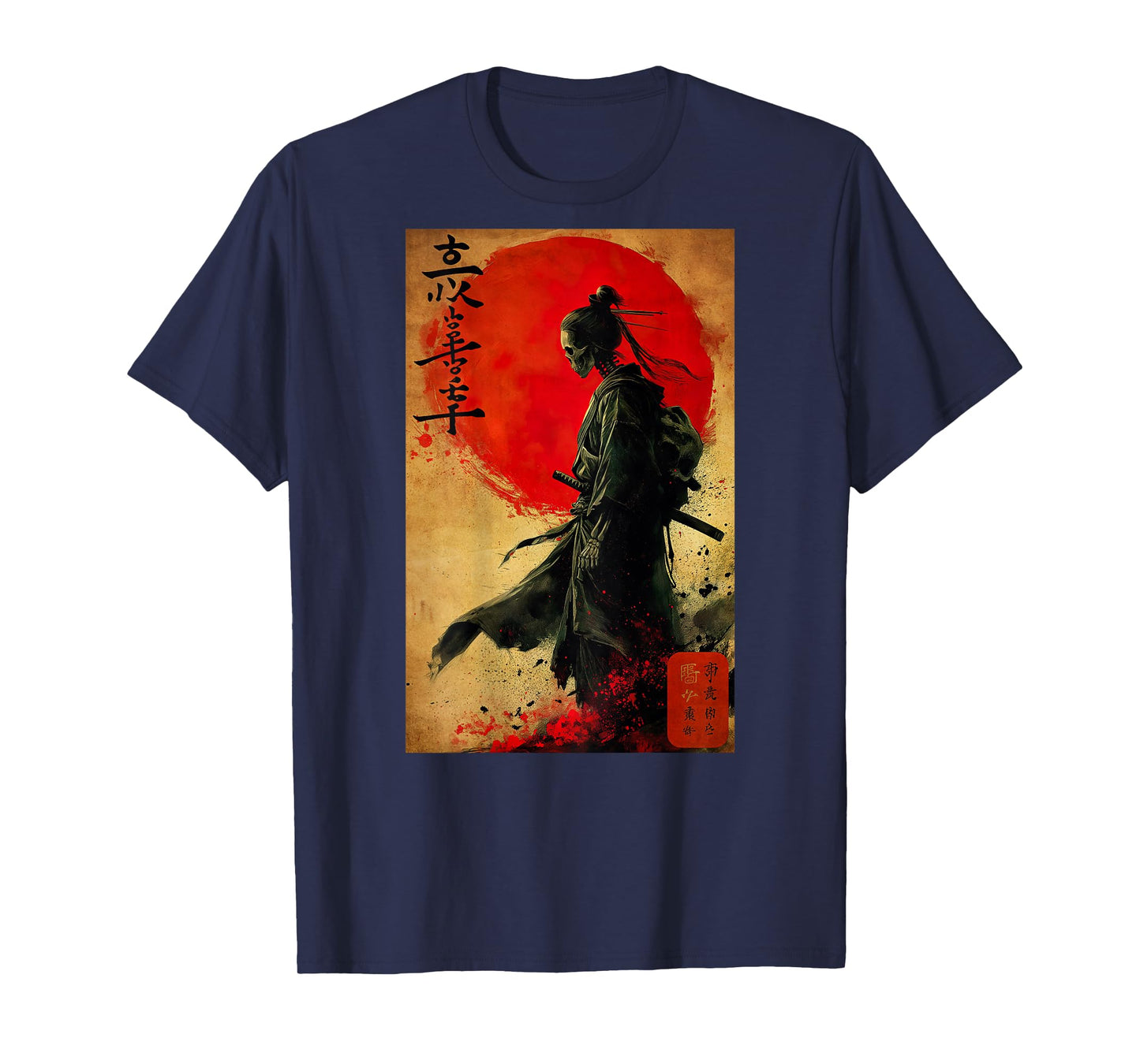 Japanese Woodblock Art of a Samurai Skeleton Japan (Back) T-Shirt