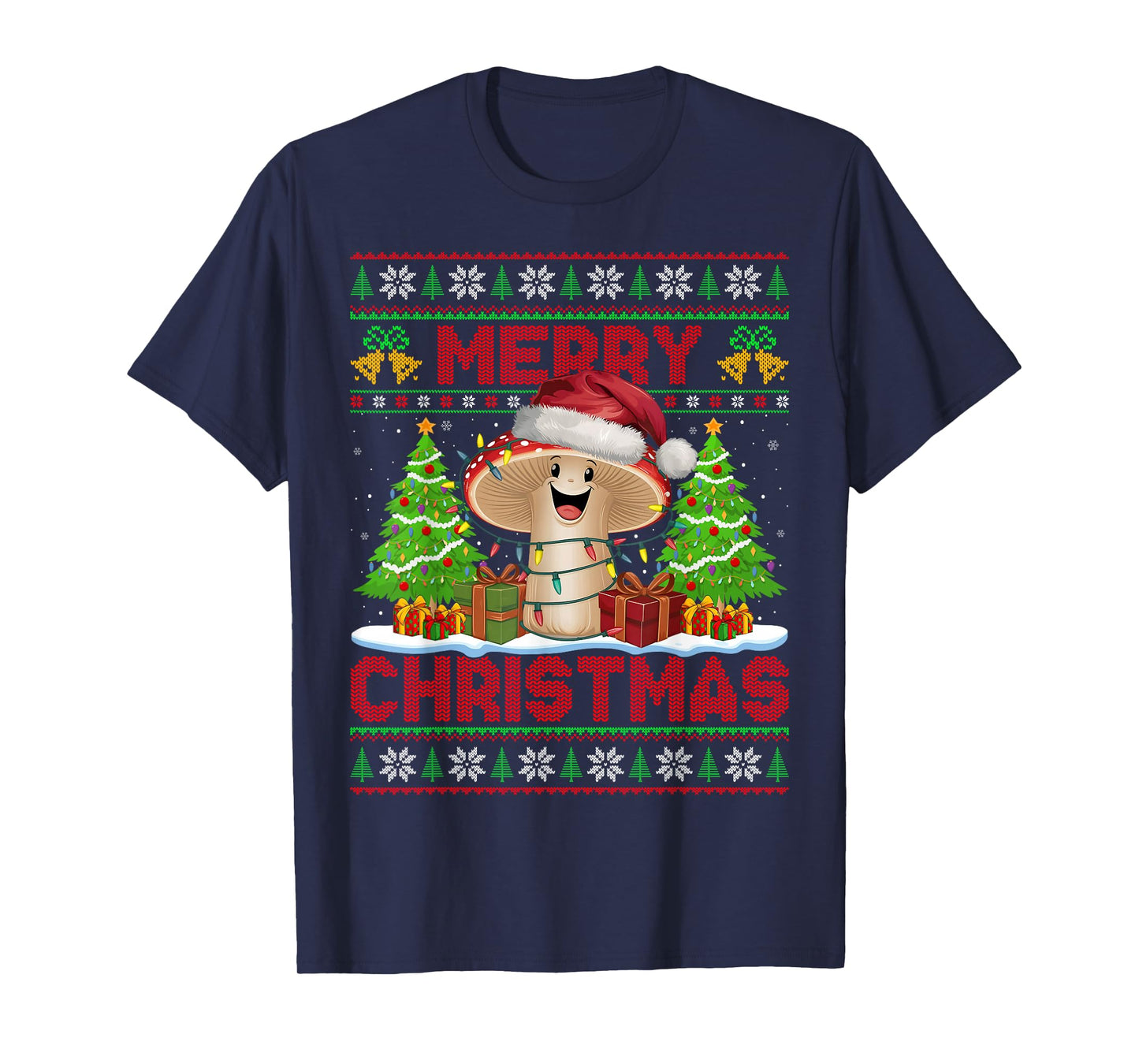 Funny Mushroom Ugly Christmas Sweaters Santa Hat Lights Xmas T-Shirt